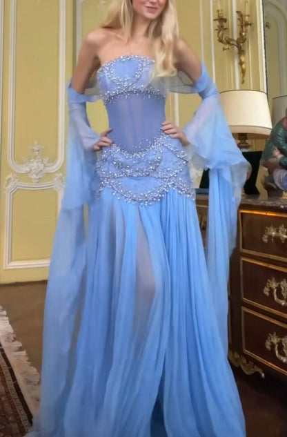 Pretty Mermaid Strapless Maxi Long Party Light Blue Chiffon Prom Dresses Evening Dress RB1595