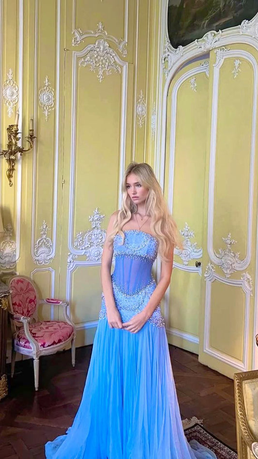 Modest Mermaid Strapless Blue Chiffon Beaded Long Prom Dresses For Teens Formal Dress 20th Birthday Outfits Prom Gown RB1595