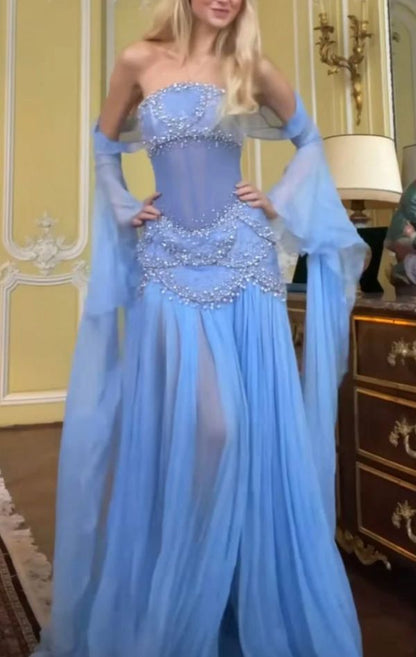 Pretty Mermaid Strapless Maxi Long Party Light Blue Chiffon Prom Dresses Evening Dress RB1595