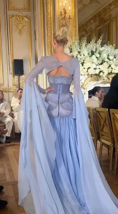 Pretty Mermaid Strapless Maxi Long Party Light Blue Chiffon Prom Dresses Evening Dress RB1595
