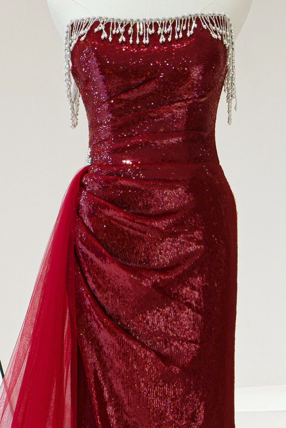 Modest Mermaid Strapless Burgundy Sequin Beaded Long Prom Dresses For Teens Formal Dress 20th Birthday Outfits Prom Gown RB1602