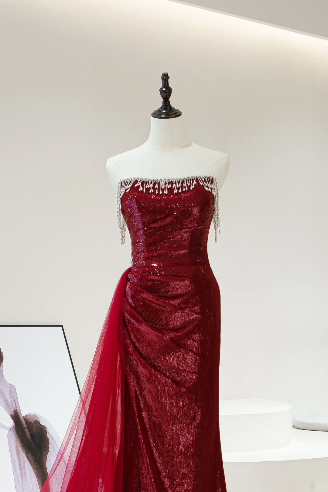 Modest Mermaid Strapless Burgundy Sequin Beaded Long Prom Dresses For Teens Formal Dress 20th Birthday Outfits Prom Gown RB1602