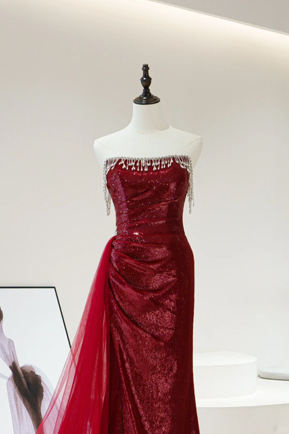 Modest Mermaid Strapless Burgundy Sequin Beaded Long Prom Dresses For Teens Formal Dress 20th Birthday Outfits Prom Gown RB1602
