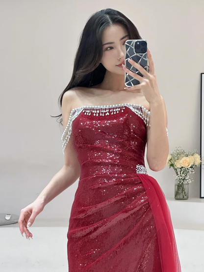 Modest Mermaid Strapless Burgundy Sequin Beaded Long Prom Dresses For Teens Formal Dress 20th Birthday Outfits Prom Gown RB1602