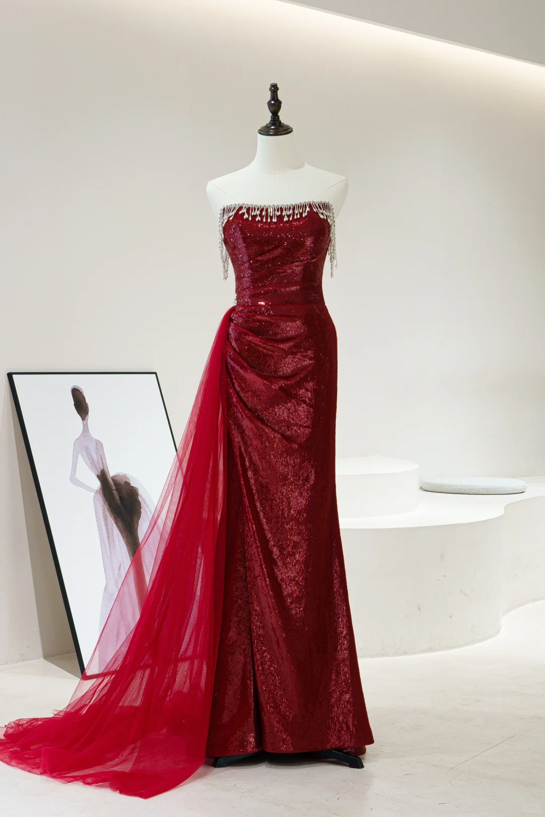Modest Mermaid Strapless Burgundy Sequin Beaded Long Prom Dresses For Teens Formal Dress 20th Birthday Outfits Prom Gown RB1602