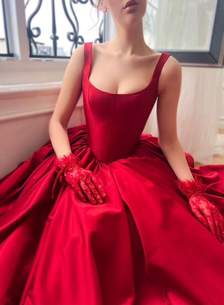 Zeitloses A-Linien-Ballkleid mit quadratischem Ausschnitt und rotem Satin mit Schlitz, langes Ballkleid für Teenager, formelle Kleidung, Geburtstags-Outfits, Ballkleider RB1618