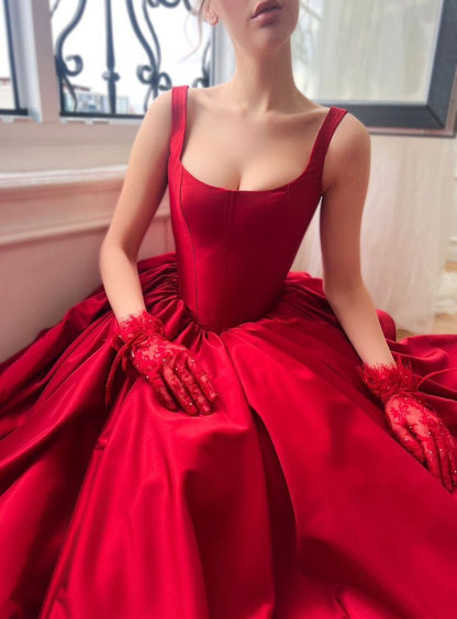 Zeitloses A-Linien-Ballkleid mit quadratischem Ausschnitt und rotem Satin mit Schlitz, langes Ballkleid für Teenager, formelle Kleidung, Geburtstags-Outfits, Ballkleider RB1618