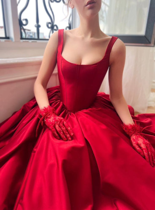 Timeless A Line Square Neck Red Satin Slit Long Prom Dresses For Teens Formal Dress Birthday Outfits Prom Gowns RB1618
