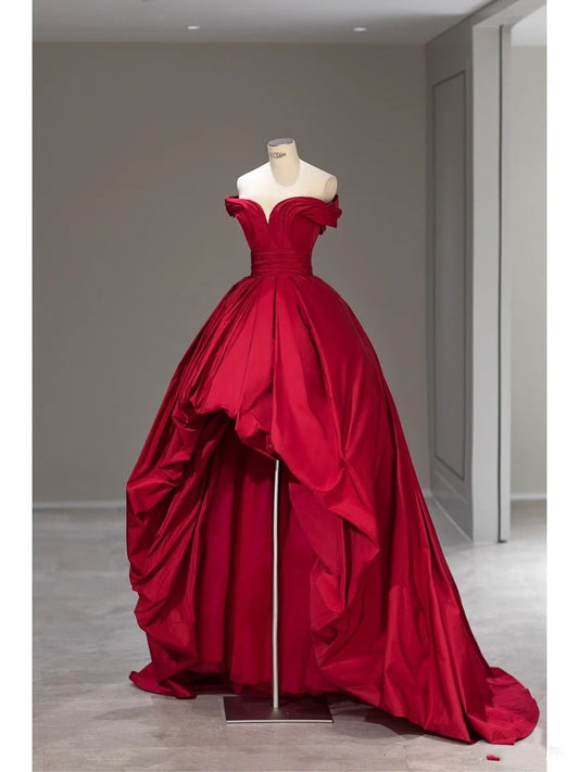 Charming High Low Off The Shoulder Red Satin Long Prom Dresses Impress 18th Birthday Outfits Prom Gown RB1621