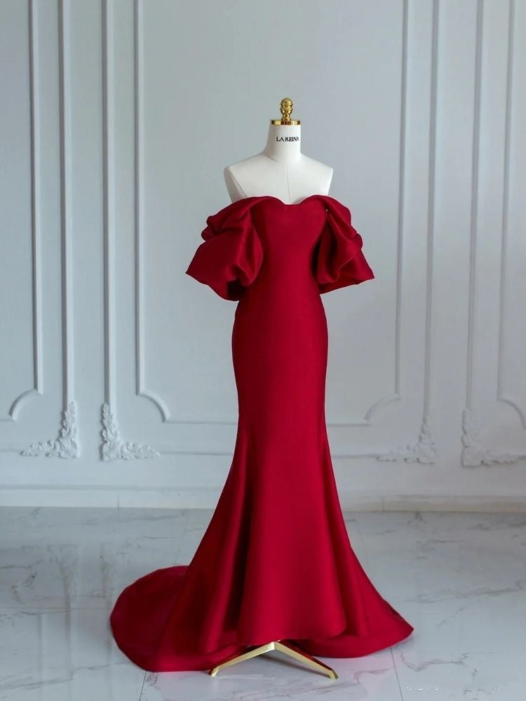 Elegante Meerjungfrau Off The Shoulder Burgund Satin Lange Ballkleider Beeindrucken 18. Geburtstag Outfits Ballkleid RB1632