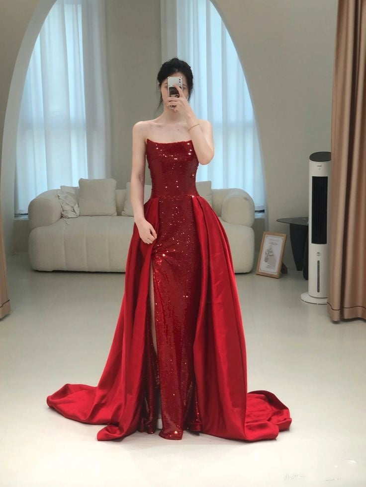 Sexy Meerjungfrau trägerlose rote Pailletten mit Schleife, lange Ballkleider, beeindrucken zum 18. Geburtstag, Outfits, Ballkleid RB1646