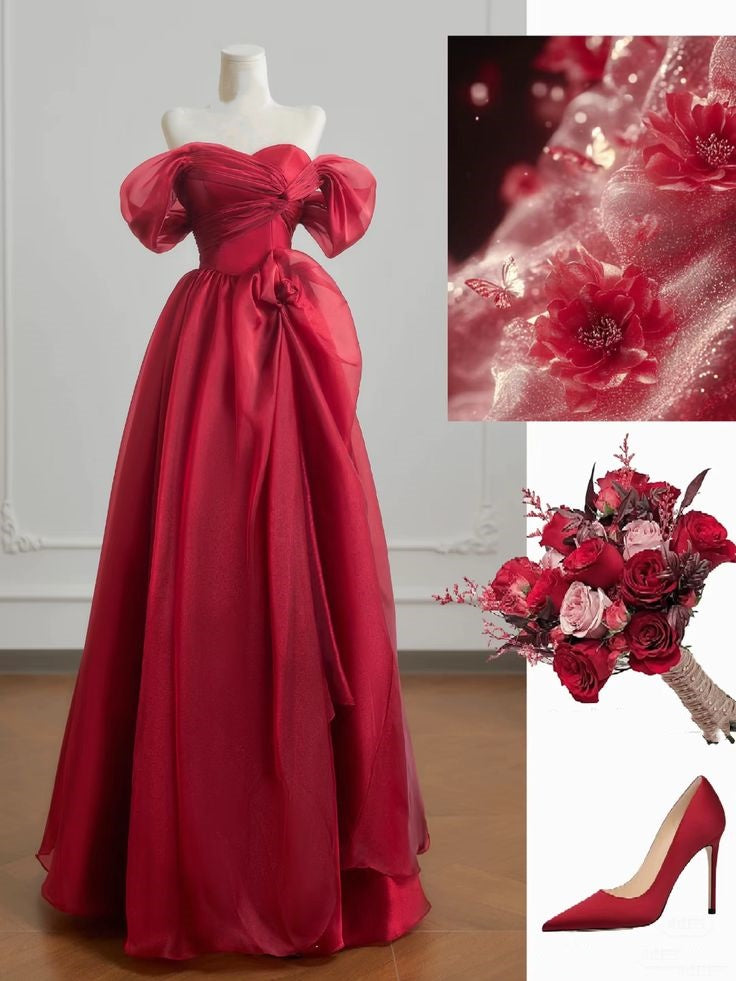 Elegante A-Linie, schulterfrei, Burgunderrot, lange Ballkleider, beeindruckend, Outfits zum 18. Geburtstag, Ballkleid RB1640