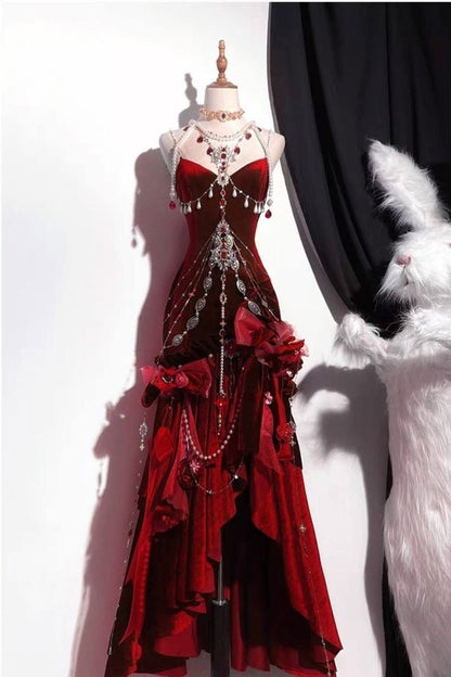 Robe de bal longue en velours bordeaux, style sirène vintage, bretelles spaghetti, tenue de bal pour 16e anniversaire, RB1643