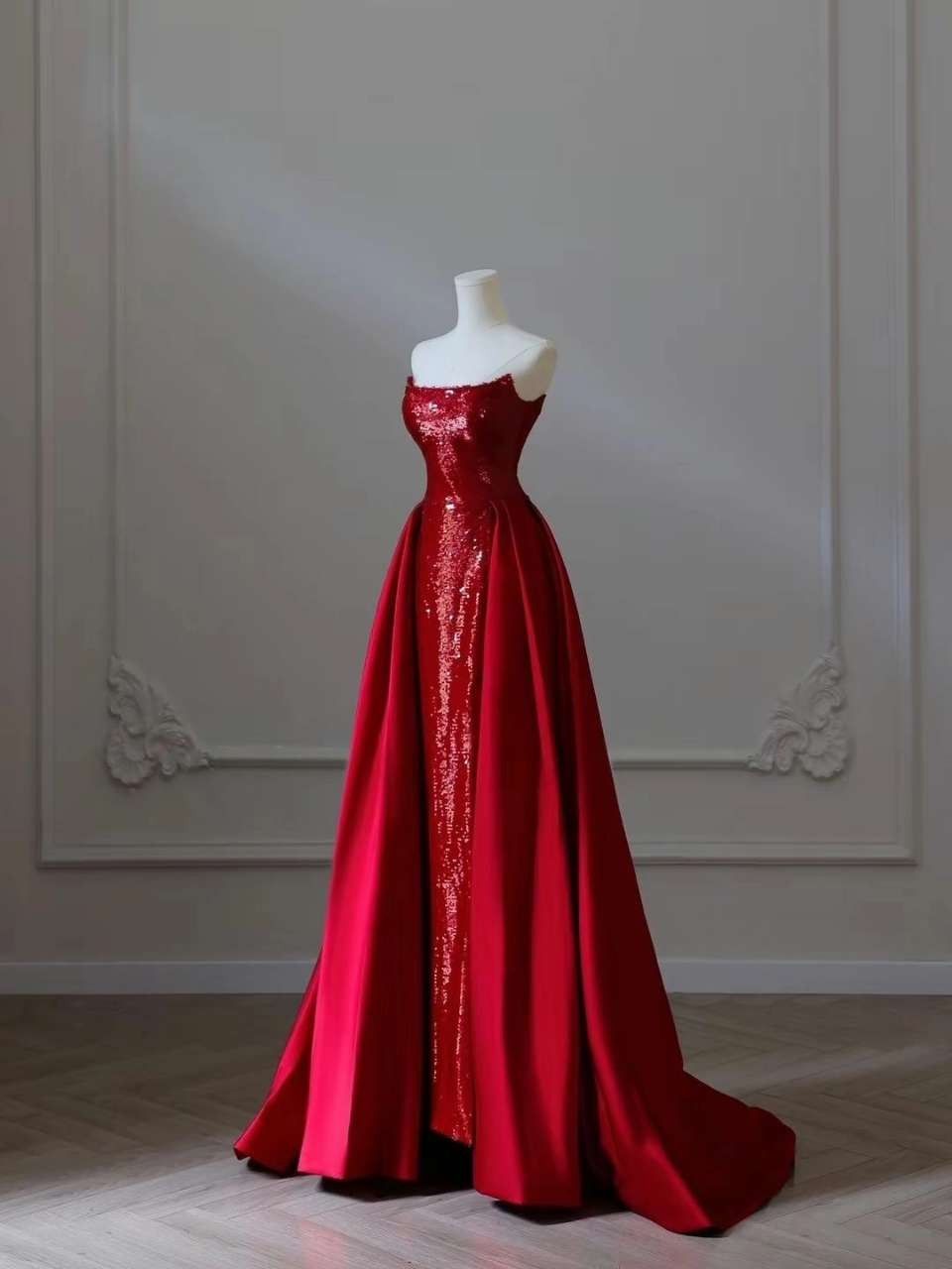 Sexy Meerjungfrau trägerlose rote Pailletten mit Schleife, lange Ballkleider, beeindrucken zum 18. Geburtstag, Outfits, Ballkleid RB1646