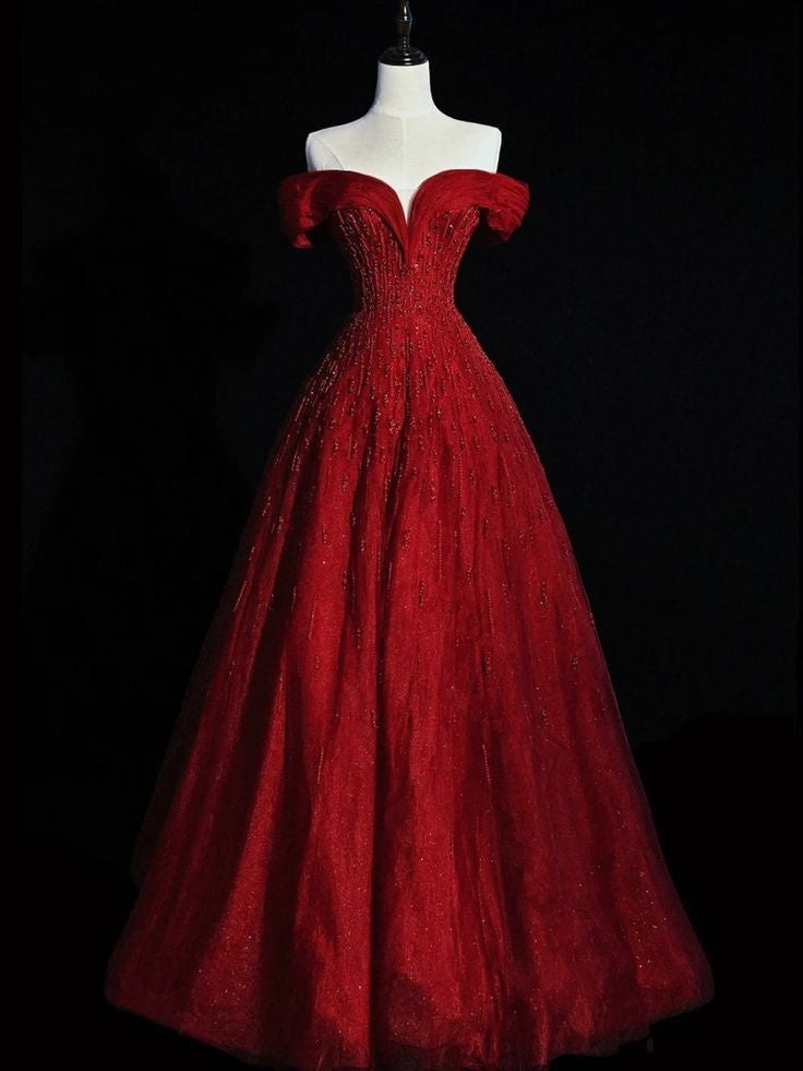 Charmantes Ballkleid aus rotem Tüll mit schulterfreiem Abschlussballkleid, langes Ballkleid, beeindrucken Sie mit Outfits zum 18. Geburtstag, Abschlussballkleid RB1648