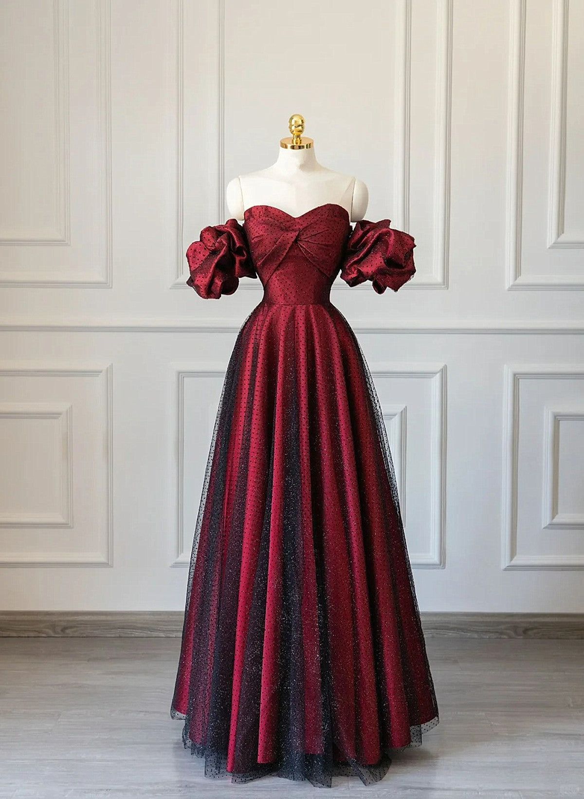 Schlichtes Ballkleid, schulterfrei, Burgunderrot, Schwarz, Tüll, lange Ballkleider, beeindruckend, Outfits zum 18. Geburtstag, Ballkleid RB1650