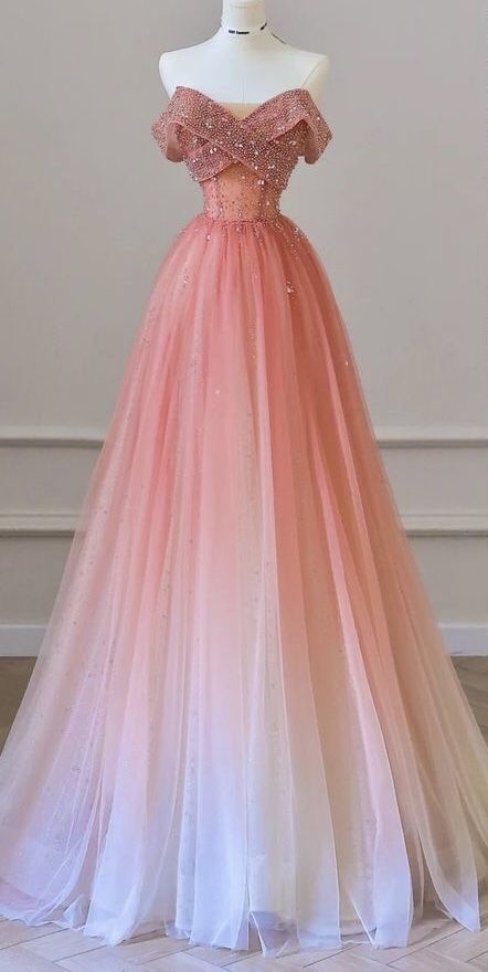 Elegant Ball Gown Off The Shoulder Ombre Pink Tulle Long Prom Dresses Impress 18th Birthday Outfits Prom Gown RB1652