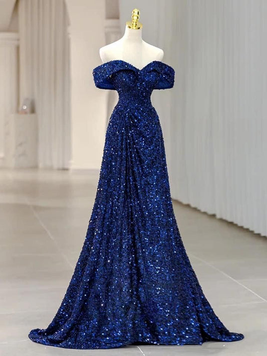 Charmante robe de bal sirène à épaules dénudées bleu roi à paillettes, longue robe de soirée pour 21e anniversaire, robe de remise de diplôme RB1665