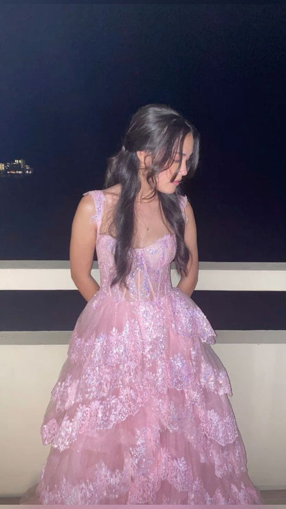 Süßes Ballkleid mit herzförmigem Ausschnitt und rosa Spitze, lange Ballkleider, beeindrucken zum 20. Geburtstag, Outfits, Ballkleid RB1670