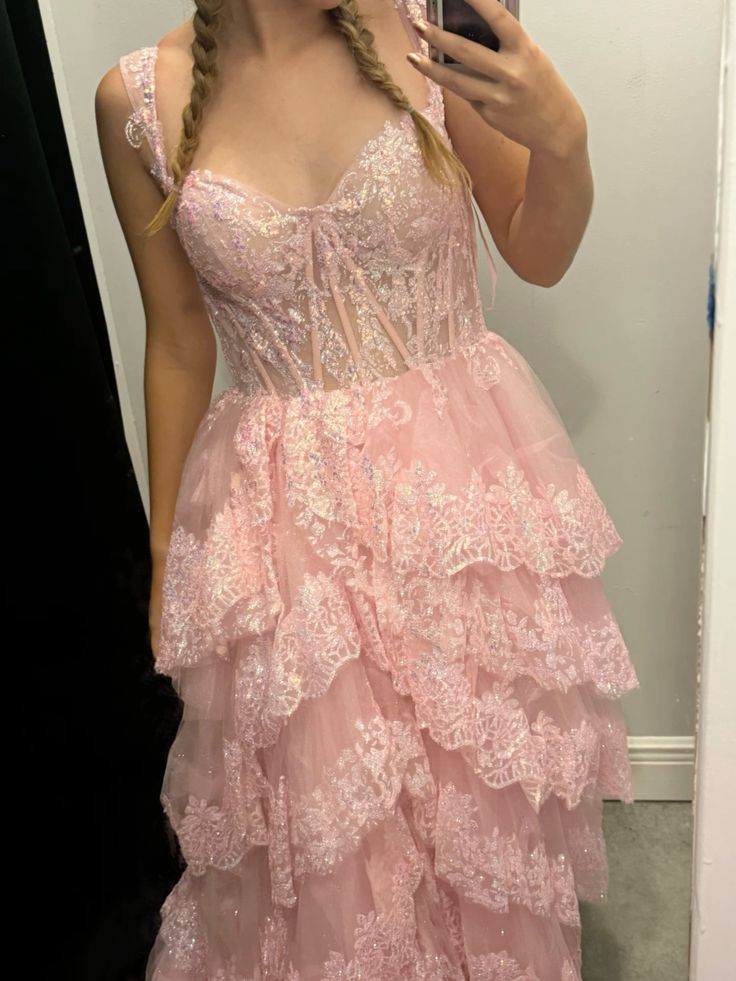 Süßes Ballkleid mit herzförmigem Ausschnitt und rosa Spitze, lange Ballkleider, beeindrucken zum 20. Geburtstag, Outfits, Ballkleid RB1670