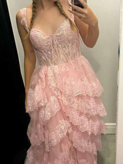 Süßes Ballkleid mit herzförmigem Ausschnitt und rosa Spitze, lange Ballkleider, beeindrucken zum 20. Geburtstag, Outfits, Ballkleid RB1670