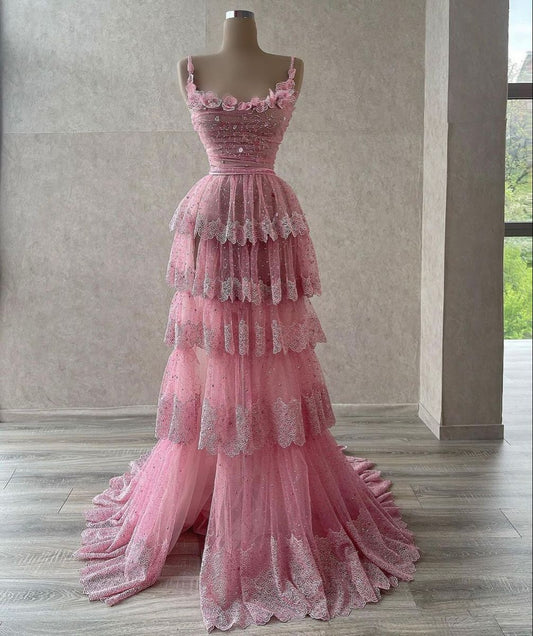 Schickes Ballkleid mit Spaghettiträgern, rosa, bodenlange Ballkleider, formelle Kleidung, Geburtstags-Outfits, Ballkleid RB1710