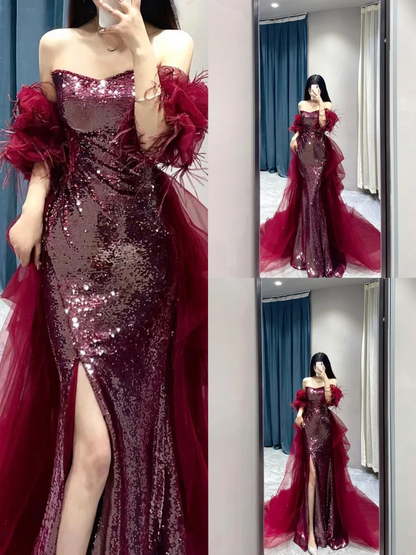 Shinning Mermaid Strapless Sequin Burgundy Slit Prom Dresses Formal Dress 18th Birthday Outfits Prom Gown RB1781