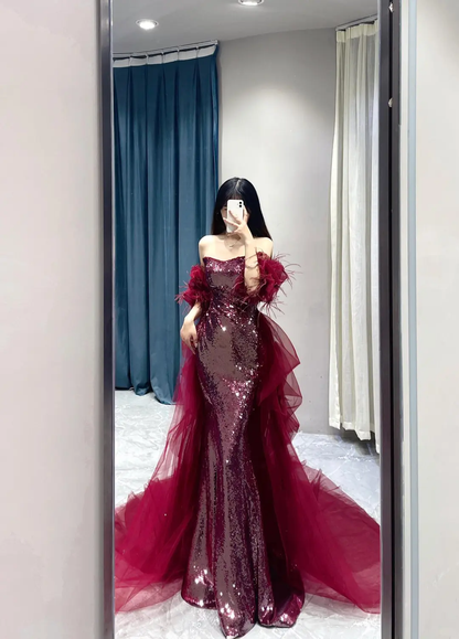 Shinning Mermaid Strapless Sequin Burgundy Slit Prom Dresses Formal Dress 18th Birthday Outfits Prom Gown RB1781