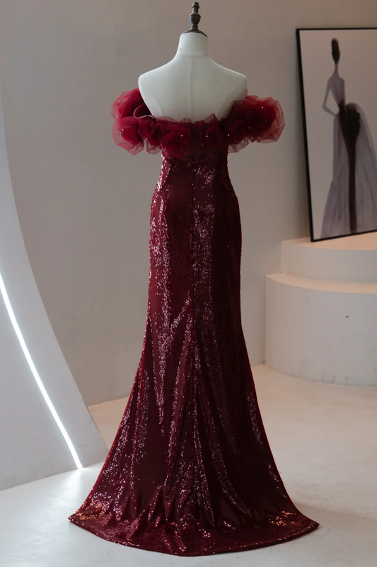 Robe de bal élégante à épaules dénudées et paillettes bordeaux, style sirène, tenue de soirée pour 18 ans, RB1784
