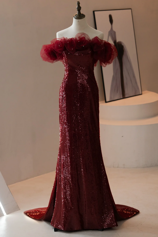Robe de bal élégante à épaules dénudées et paillettes bordeaux, style sirène, tenue de soirée pour 18 ans, RB1784