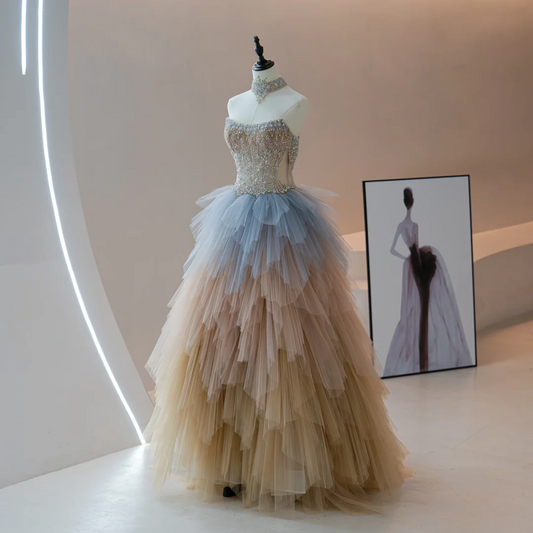 Charming Ball Gown Strapless Champagne Tulle With Silver Beaded Long Quinceanera Dress Sweet 15 16 Dresses RB1788