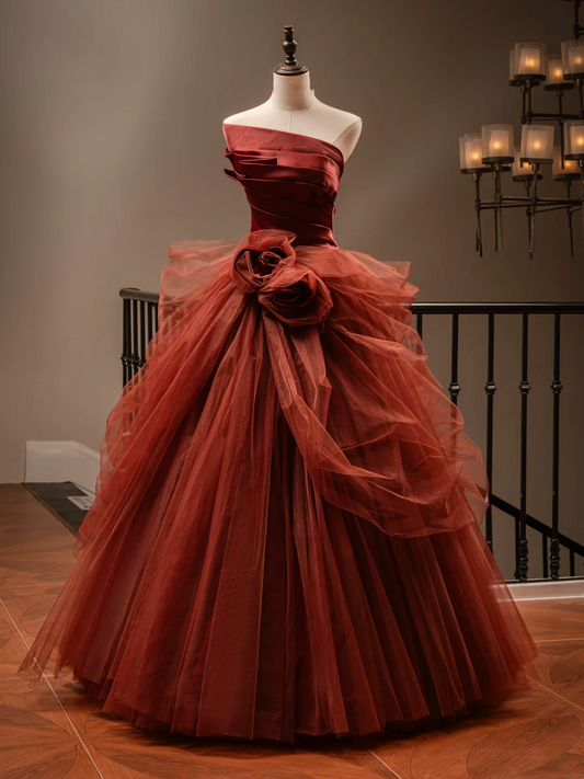 Charming Ball Gown Strapless Burgundy Tulle Pleated Long Quinceanera Dress Sweet 15 16 Dresses RB1789
