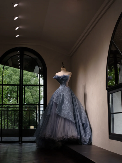 Charming Ball Gown Strapless Dusty Blue Tulle Pleated Long Quinceanera Dress Sweet 15 16 Dresses RB1797