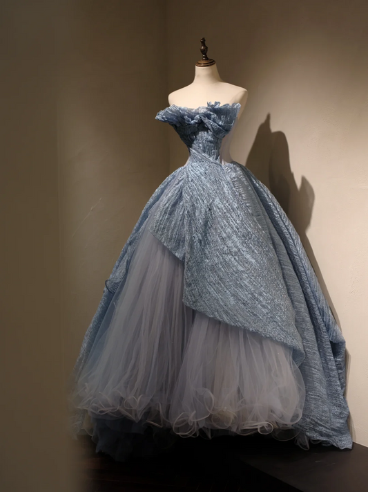 Charming Ball Gown Strapless Dusty Blue Tulle Pleated Long Quinceanera Dress Sweet 15 16 Dresses RB1797