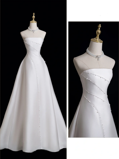 Timeless Ball Gown Strapless Sleeveless Satin Fitted Long Wedding Dress Bride Gown Wedding Dresses RB1876