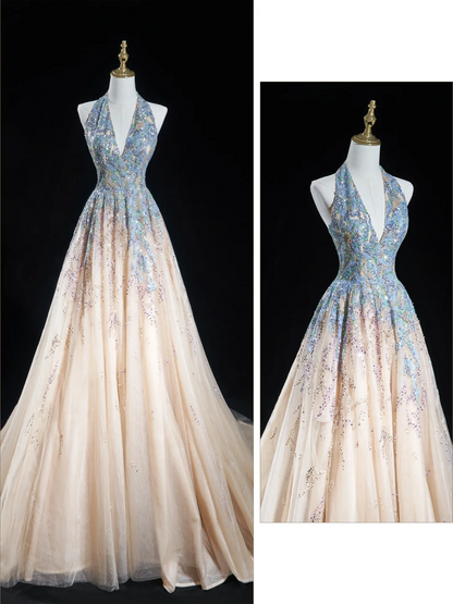 Zeitloses Ballkleid mit Neckholder, Champagnerblau, Pailletten, lange Ballkleider für Teenager, formelle Kleidung, Geburtstags-Outfits, Ballkleid RB1848