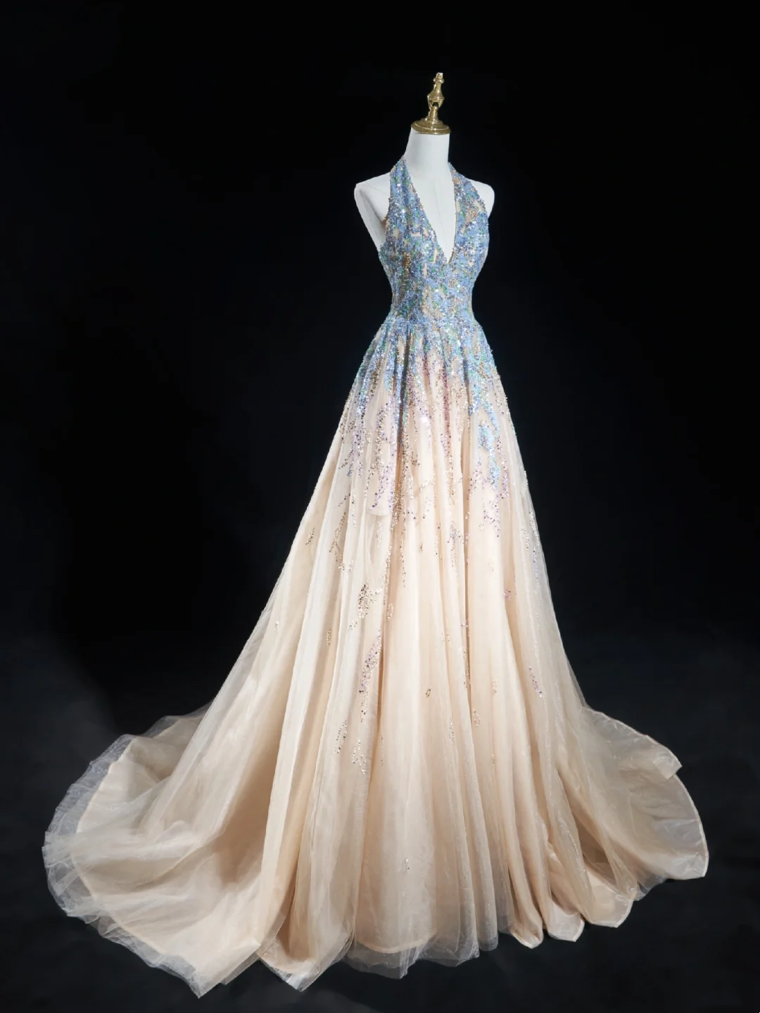 Zeitloses Ballkleid mit Neckholder, Champagnerblau, Pailletten, lange Ballkleider für Teenager, formelle Kleidung, Geburtstags-Outfits, Ballkleid RB1848