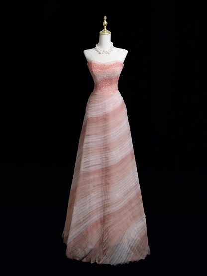 Zeitloses Ballkleid, trägerlos, rosa, mit Perlen besetztes, langes Ballkleid für Teenager, formelle Kleidung, Geburtstags-Outfits, Ballkleid RB1849