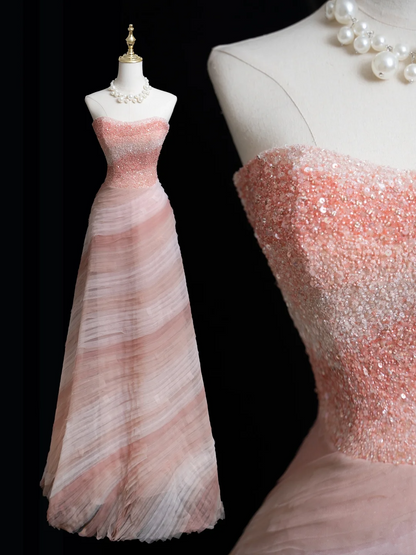 Zeitloses Ballkleid, trägerlos, rosa, mit Perlen besetztes, langes Ballkleid für Teenager, formelle Kleidung, Geburtstags-Outfits, Ballkleid RB1849