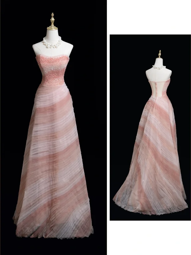 Zeitloses Ballkleid, trägerlos, rosa, mit Perlen besetztes, langes Ballkleid für Teenager, formelle Kleidung, Geburtstags-Outfits, Ballkleid RB1849