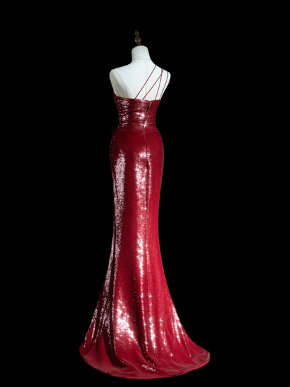 Sparkle Mermaid One Shoulder Burgundy Pailletten Lange Ballkleider Beeindrucken 18. Geburtstag Outfits Ballkleid RB1850
