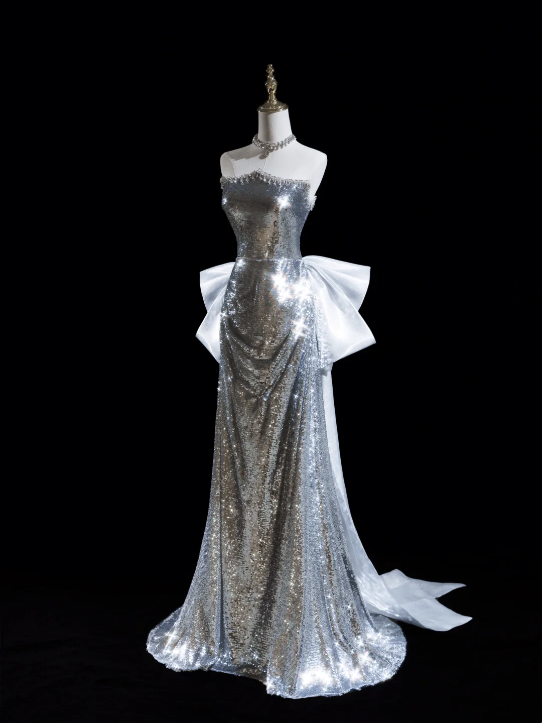 Glitzernde Meerjungfrau, trägerlose Pailletten, silberfarben, lange Ballkleider für Teenager, formelle Kleidung, Geburtstags-Outfits, Abendkleid RB1851