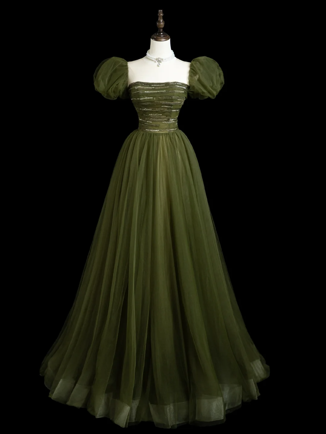 Retro A-Linie trägerloser Tüll Olivgrüner Tüll Lange Ballkleider Beeindrucken 18. Geburtstag Outfits Ballkleid RB1854
