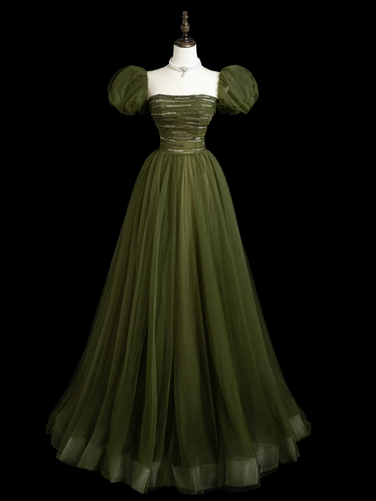 Retro A-Linie trägerloser Tüll Olivgrüner Tüll Lange Ballkleider Beeindrucken 18. Geburtstag Outfits Ballkleid RB1854