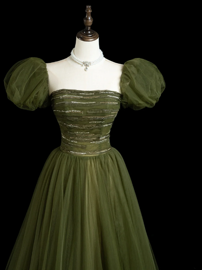 Retro A-Linie trägerloser Tüll Olivgrüner Tüll Lange Ballkleider Beeindrucken 18. Geburtstag Outfits Ballkleid RB1854