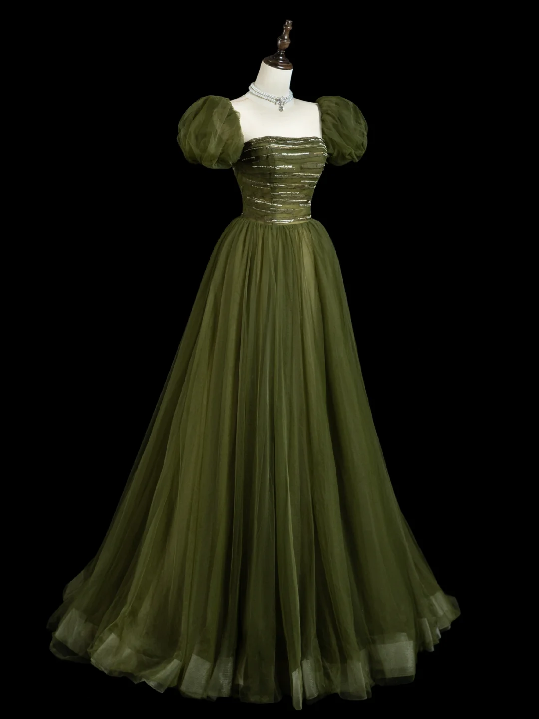 Retro A-Linie trägerloser Tüll Olivgrüner Tüll Lange Ballkleider Beeindrucken 18. Geburtstag Outfits Ballkleid RB1854