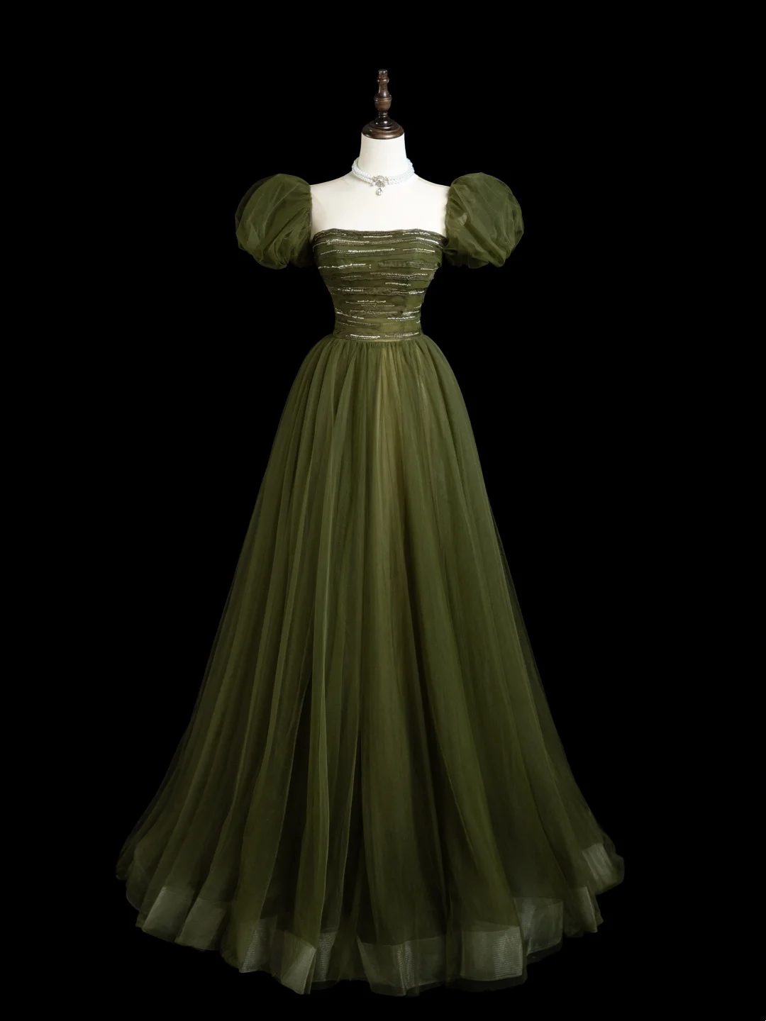 Retro A-Linie trägerloser Tüll Olivgrüner Tüll Lange Ballkleider Beeindrucken 18. Geburtstag Outfits Ballkleid RB1854