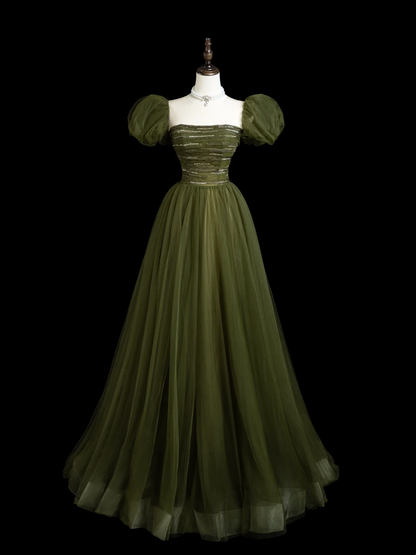 Retro A-Linie trägerloser Tüll Olivgrüner Tüll Lange Ballkleider Beeindrucken 18. Geburtstag Outfits Ballkleid RB1854