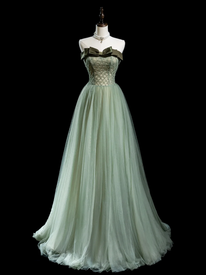 Retro A-Linie trägerloses Tüll Hellgrün Lange Ballkleider Beeindruckende Outfits zum 18. Geburtstag Ballkleid RB1855