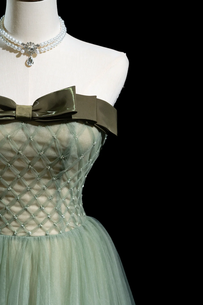 Retro A-Linie trägerloses Tüll Hellgrün Lange Ballkleider Beeindruckende Outfits zum 18. Geburtstag Ballkleid RB1855
